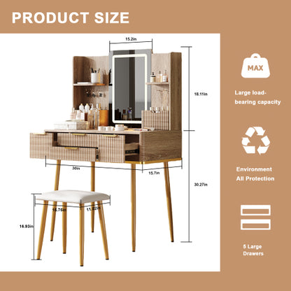 4-Drawer Vanity Desk with LED Mirror & Carved Details, Fluted Makeup Table with Metal Legs and PU Stool, Carved Dressing Table with Jewelry Storage for Bedroom