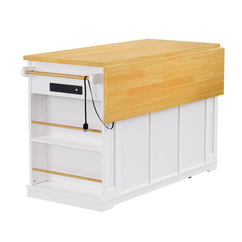 53inch Large Kitchen Island with Drop Leaf, Power Outlet, Door Internal Storage Rack, Rolling Kitchen Cart on 5 Wheels with 5 Open Side Racks for Kitchen, Dining Room,White(Not include bar stools)