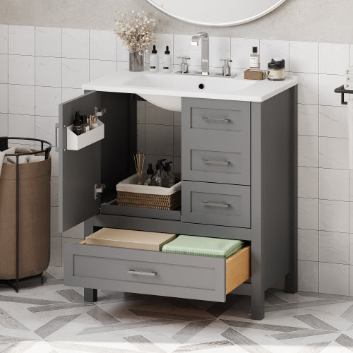 30" Gray Bathroom Vanity with Sink Combination Set, Bathroom Storage Cabinet with Soft Close Door, 3 Soft Close Drawers and Removable Tray, Solid Wood Frame