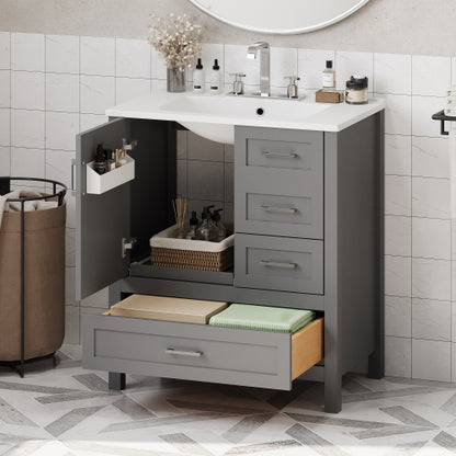 30" Gray Bathroom Vanity with Sink Combination Set, Bathroom Storage Cabinet with Soft Close Door, 3 Soft Close Drawers and Removable Tray, Solid Wood Frame