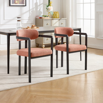 Set of 2 Mid-Century Boucle Tufted Dining Chairs, Matte Black Metal Leg Kitchen Accent Chairs