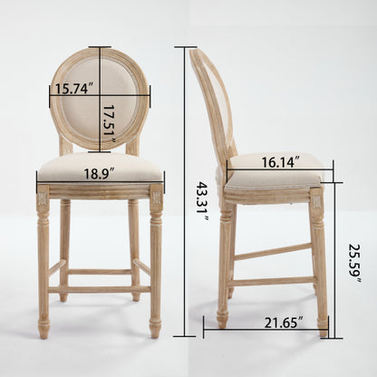 Solid Wood Bar stools Set of 2, Classic French Country Wooden Barstools with Upholstered Seating