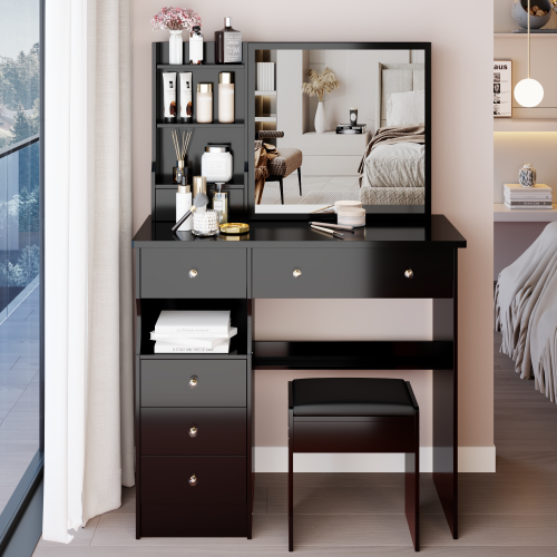 37" Middle Size Left Drawer Desktop Vanity Table + Cushioned Stool, Extra Large Right sliding mirror, Multi Layer High Capacity Storage, Practical Fashionable Dresser, Suitable For Large Space