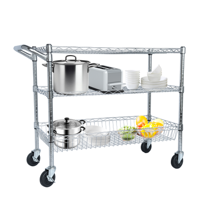 Heavy Duty Rolling Utility Cart,3 Tier Rolling Carts with Wheels,with Handle Bar  Shelf Liners,Storage Cart for Kitchen,Restaurant,Plant Display,Chrome