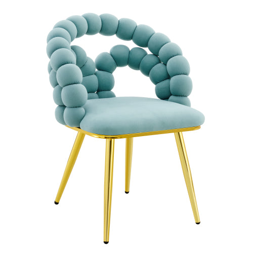 2 Pack Blue Dutch Velvet Dining Chairs, Ball-Chain Bubble Back Chairs with Gold Electroplated Metal Legs