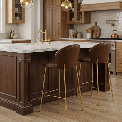 Indoor Upholstered Bar Stool, Dark Brown Faux Leather with Metal Frame, Set of 2