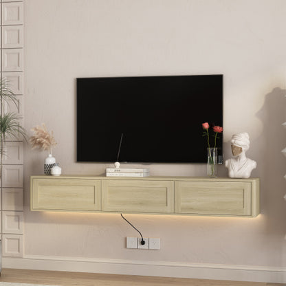 Wood Floating Wall Mount High Gloss TV Cabinet with 16 Color LED Lights & Built-in Power Ports