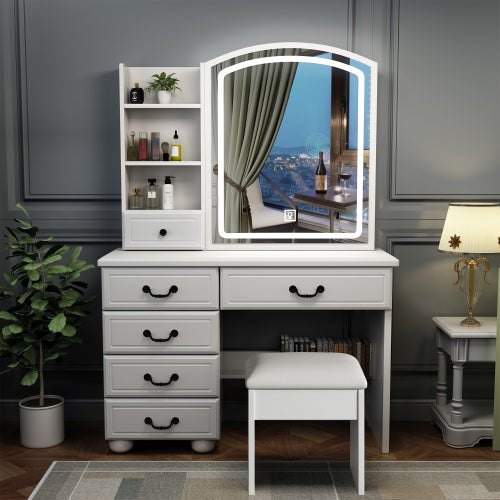 White Makeup Vanity Table with Mirror & Lights, 3 Color LED, 6 Drawers, Tabletop Shelf, Side Shelves & Sliding Glass Door