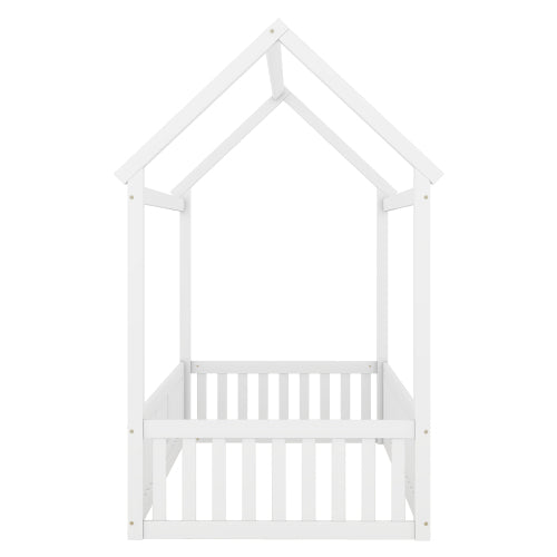 Twin Size Wood House Bed with Fence and Door, White