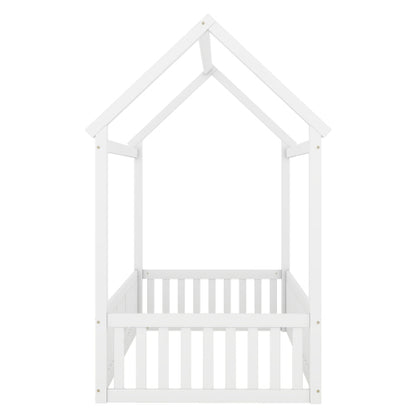 Twin Size Wood House Bed with Fence and Door, White