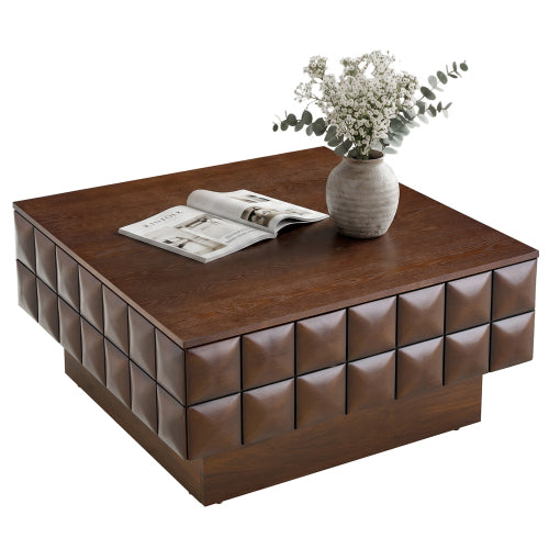 32.7inch  Square Walnut Coffee Table with 3D Cube Texture