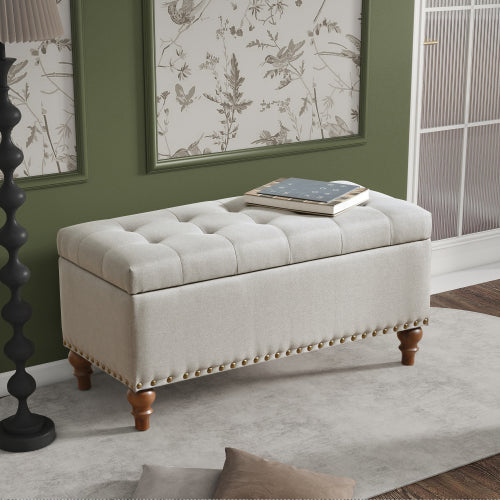 36.61 inch Linen Storage Ottoman Bench with Safety Hinge, Beige