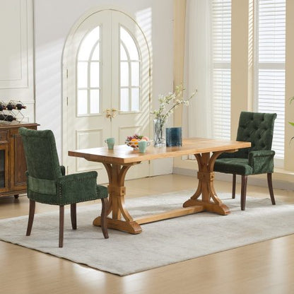 Single Olive Green Chenille Tufted Arm Dining Chair, Curved Hand Sanded Solid Wood Legs 300lbs Capacity