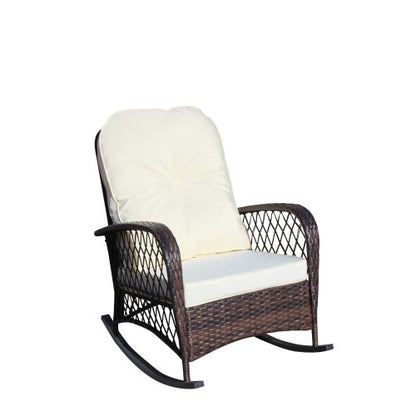 Outdoor Wicker Rocking Chair with Wide Seat, Thick, Soft Cushion, Rattan Rocker w/Steel Frame, High Weight Capacity for Patio, Garden, Backyard, Beige Cushion