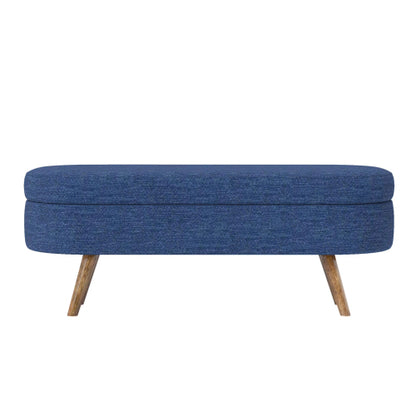 Blue Oval Linen Storage Ottoman Bench with Rubber Wood Legs, Upholstered Footrest 43.5 inch x16 inch x16 inch, 250 LBS Capacity