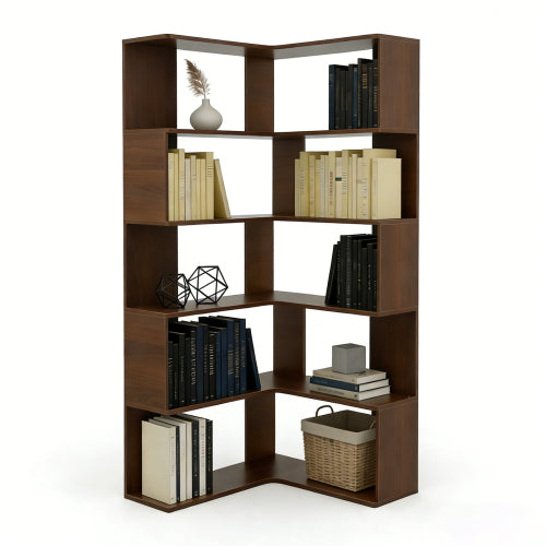 66-Inch 6-Tier Corner Bookshelf L-Shaped Open Storage Walnut