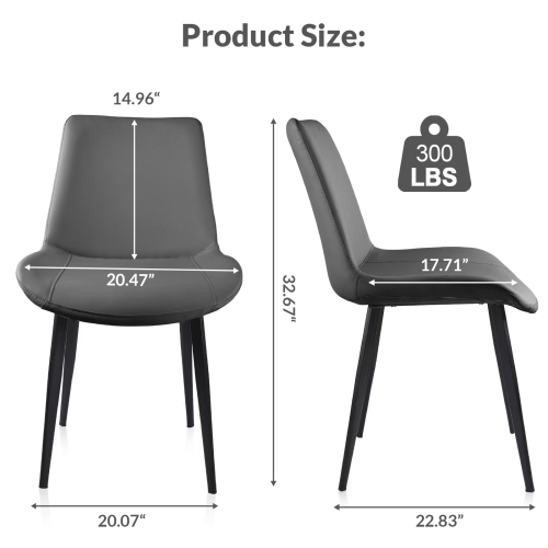 Set of 2 Grey PU Leather Dining Chairs with Metal Legs, Modern Upholstered Kitchen & Dining Room Chairs