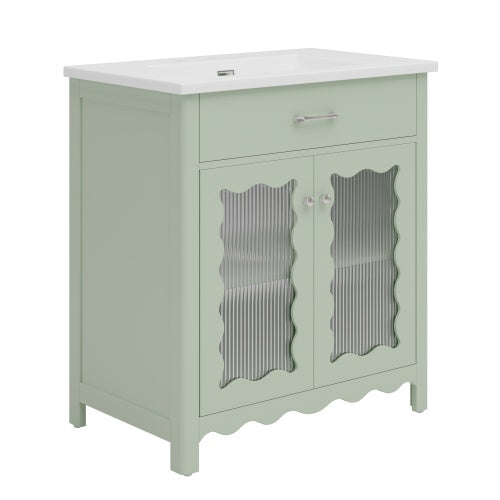 31" Bathroom Vanity with Tempered Glass, Modern Bathroom Cabinet with Rubber Wood legs and Soft close Doors, Green