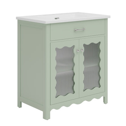 31" Bathroom Vanity with Tempered Glass, Modern Bathroom Cabinet with Rubber Wood legs and Soft close Doors, Green