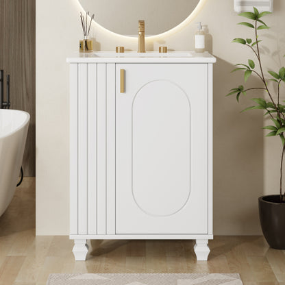 24" Bathroom Vanity with Sink, Bathroom Cabinet with Door Shelf, Side Open Storage, Solid Wood Frame,Soft Closing Door, White