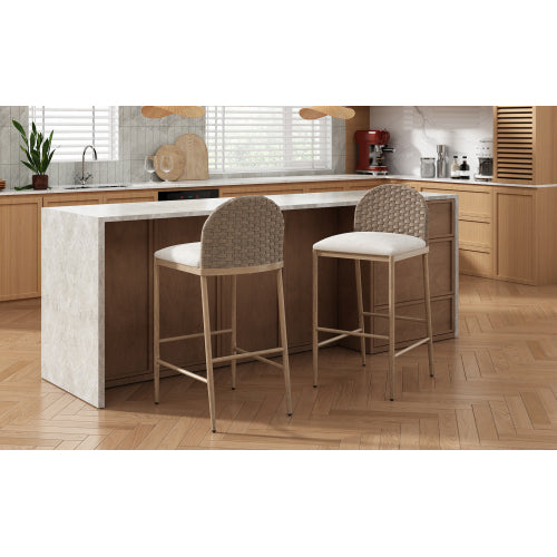 29.5inch Farmhouse Barstools Set of 2,Upholstered  Armless Iron Counter Stools with rattan Backrest for Kitchen Dining Island Table,Brown+Beige