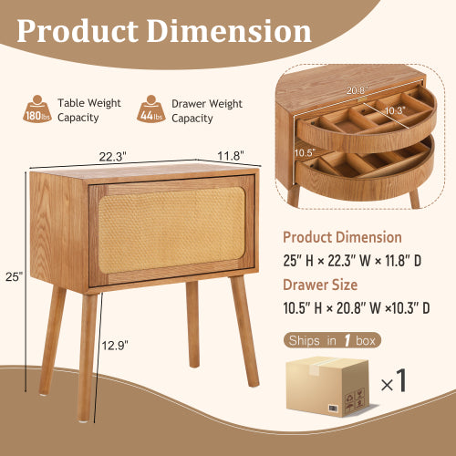 Rotating Hidden Compartment Nightstands, Mid Century Modern Concealment Furniture, Rattan Bed Side Table, Compartment End Table with Wood Legs, Bedside Tables for Bedroom, Living Room, Dorm, Natural