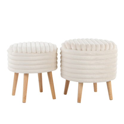 Set of 2 Storage Ottoman Faux Fur Accent Stools with Natural Wood Finish