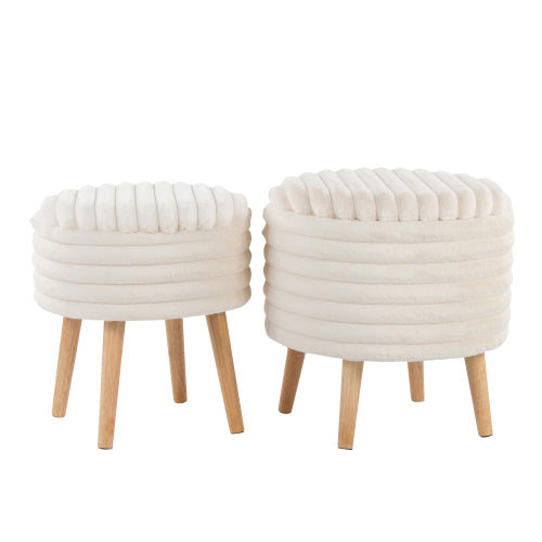 Set of 2 Storage Ottoman Faux Fur Accent Stools with Natural Wood Finish
