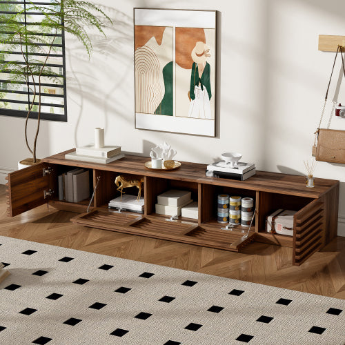 70.8 inch Walnut Fluted Flip Door TV Stand Low Profile Media Console For 65¨C80 Inch TV