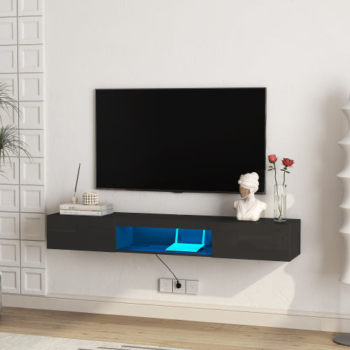 63 Inch Black Wall-Mounted Floating LED TV Stand 16 Color Light Media Cabinet Holds TV Up To 65 Inch