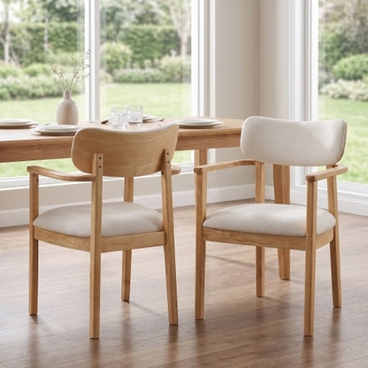 Upholstered Dining Chair Set of 2, Natural Rubberwood Frame, Beige Fabric