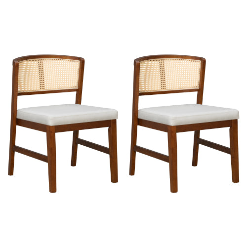 Rattan Dining Chairs Set of 2, Upholstered Kitchen Side Chairs with Curved Cane Back & Rubber Wood Frame