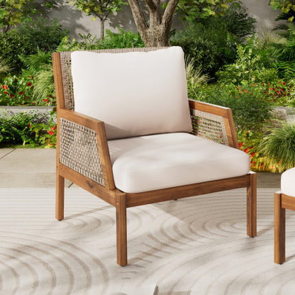 Acacia Wood Patio Furniture Club Chair, Outdoor Wicker Armchair, Deep Seating with Soft Cushions for Porch, Garden, Backyard, Balcony, Teak & Mix Brown & Cream