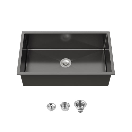Stainless Steel Kitchen Sink, 33″x19″ Single Bowl, Undermount Handmade Sink in Black, with US Standard Drain and Hook