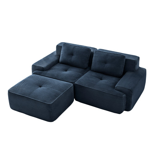 82 inch  Blue Corduroy L-Shape Modular Sofa, Movable Ottoman, No Assembly