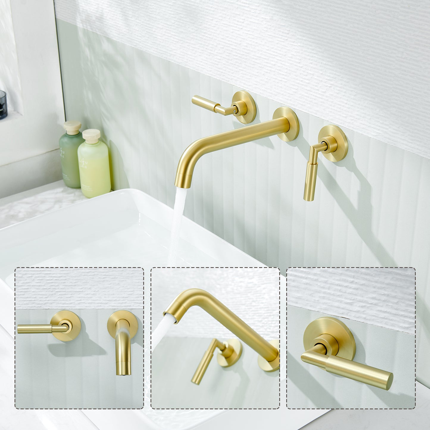 3-Hole 2-Handles Brass Wall-Mount Bathroom Faucet in Brushed Gold