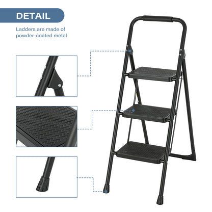 3-Step Iron Folding Step Stool Ladder 330 lbs. Load Capacity Type IA Duty Rating (6.3 ft. Reach Height), Black