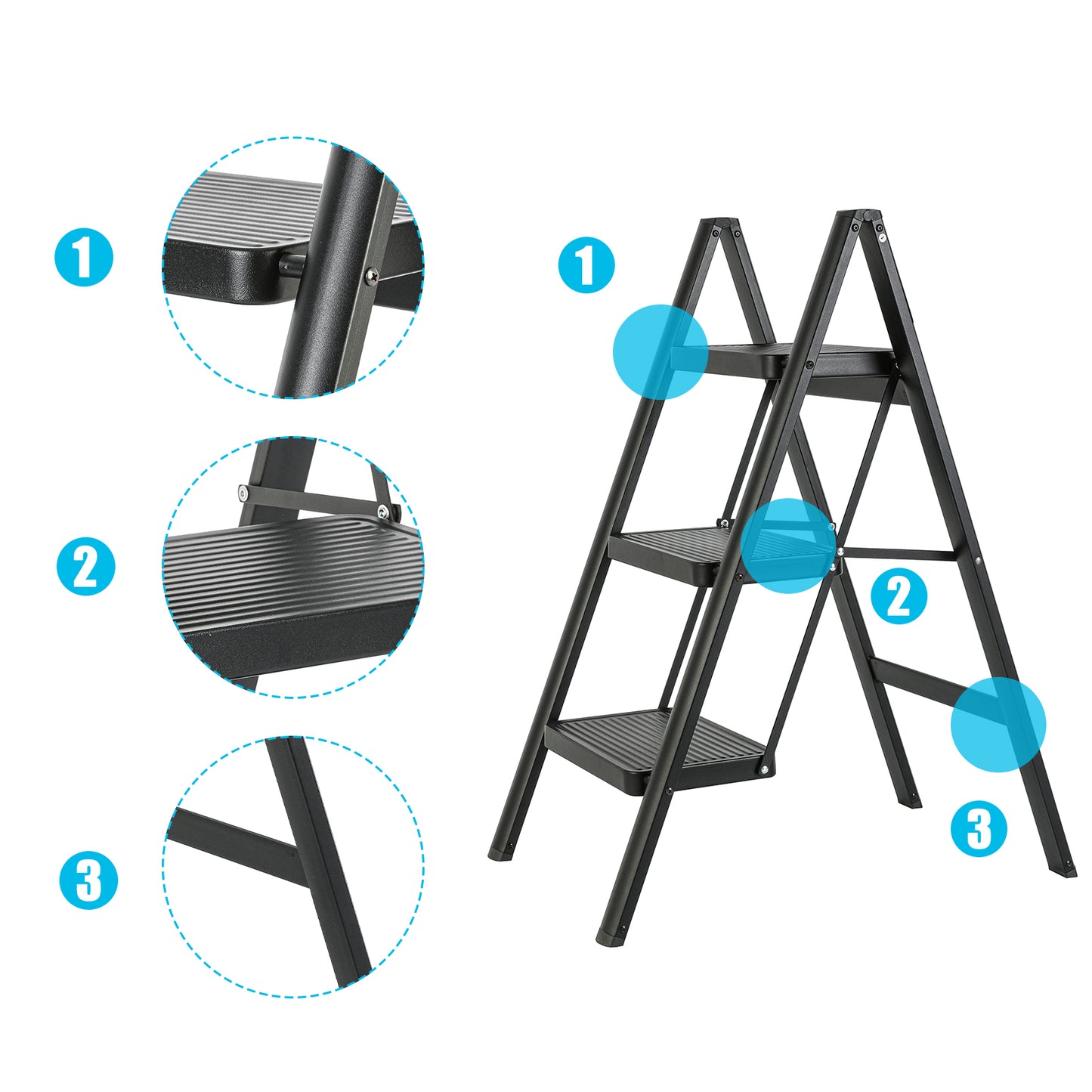 Foldable 3-step Iron Ladder, Load-Bearing Capacity 330 lbs., with Non-Slip and Widened Steps