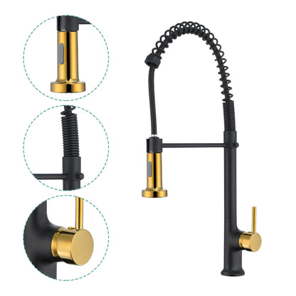Single Handle Pull Down Sprayer Kitchen Faucet in Matte Black Gold