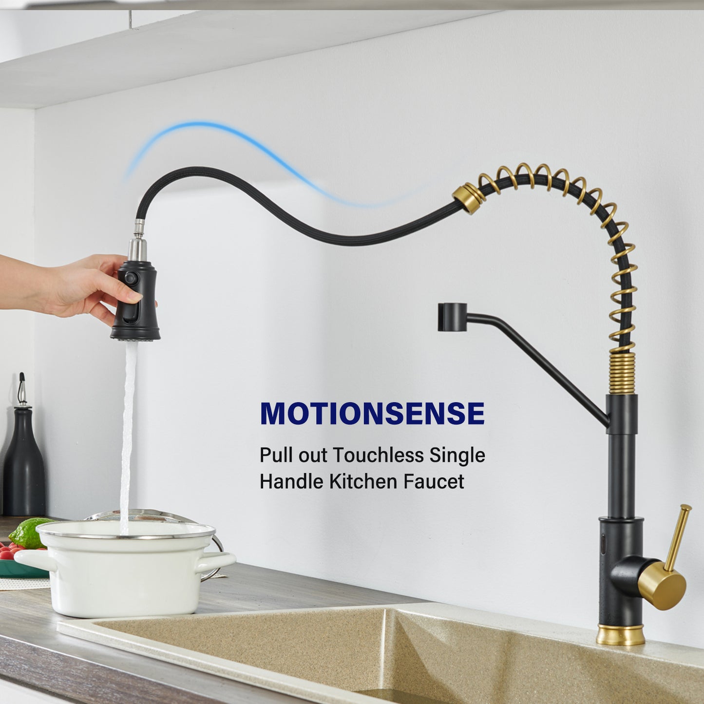 Single Handle Pull Out Sprayer Kitchen Faucet in Matte Black and Gold