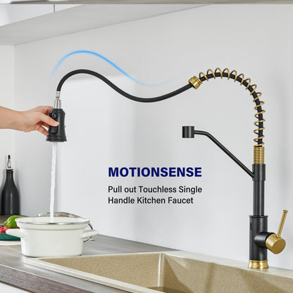 Single Handle Pull Out Sprayer Kitchen Faucet in Matte Black and Gold