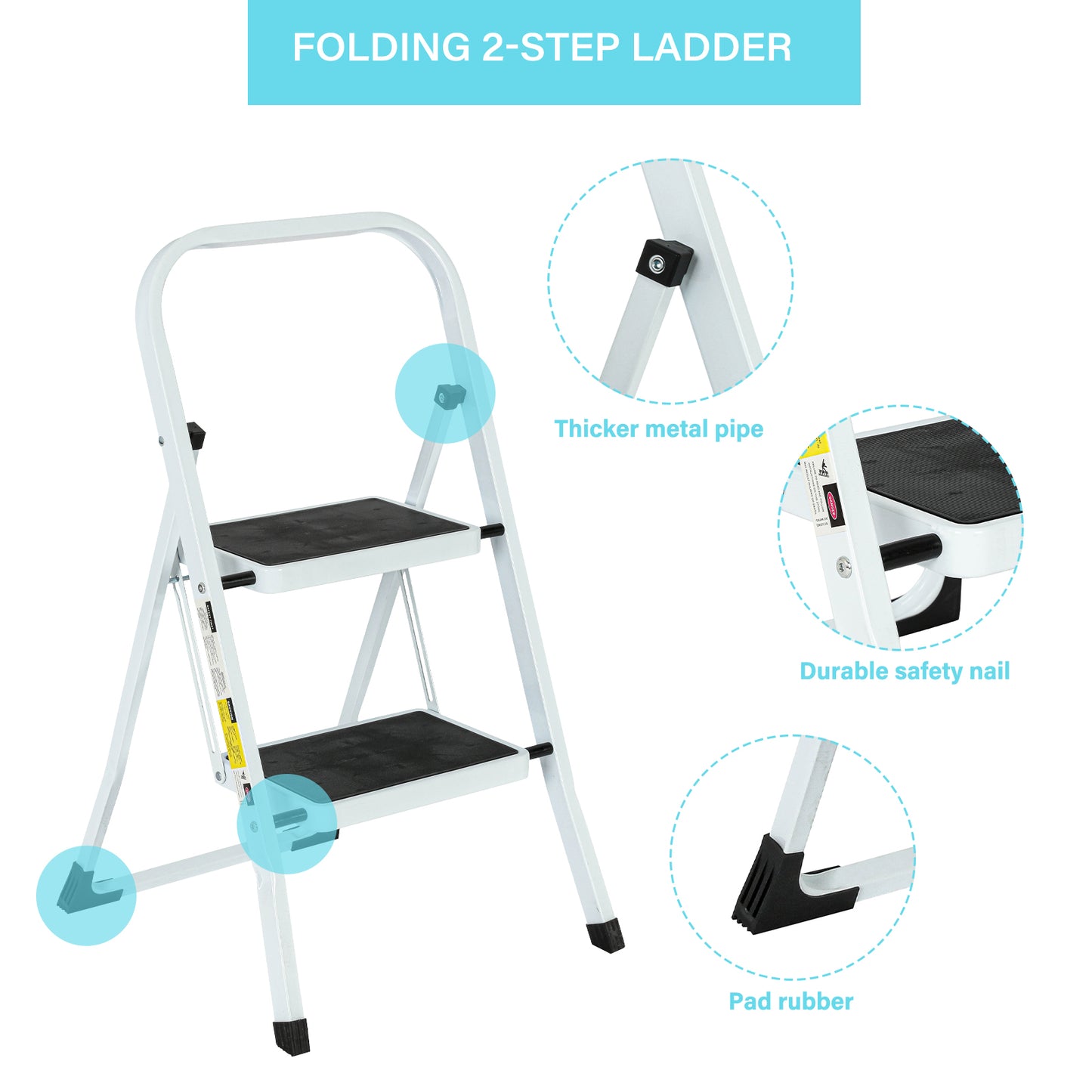 2-Step White Iron Ladder Foldable Non-slip Outdoor Ladder Loading 330 lbs. for Home, Kitchen, Office