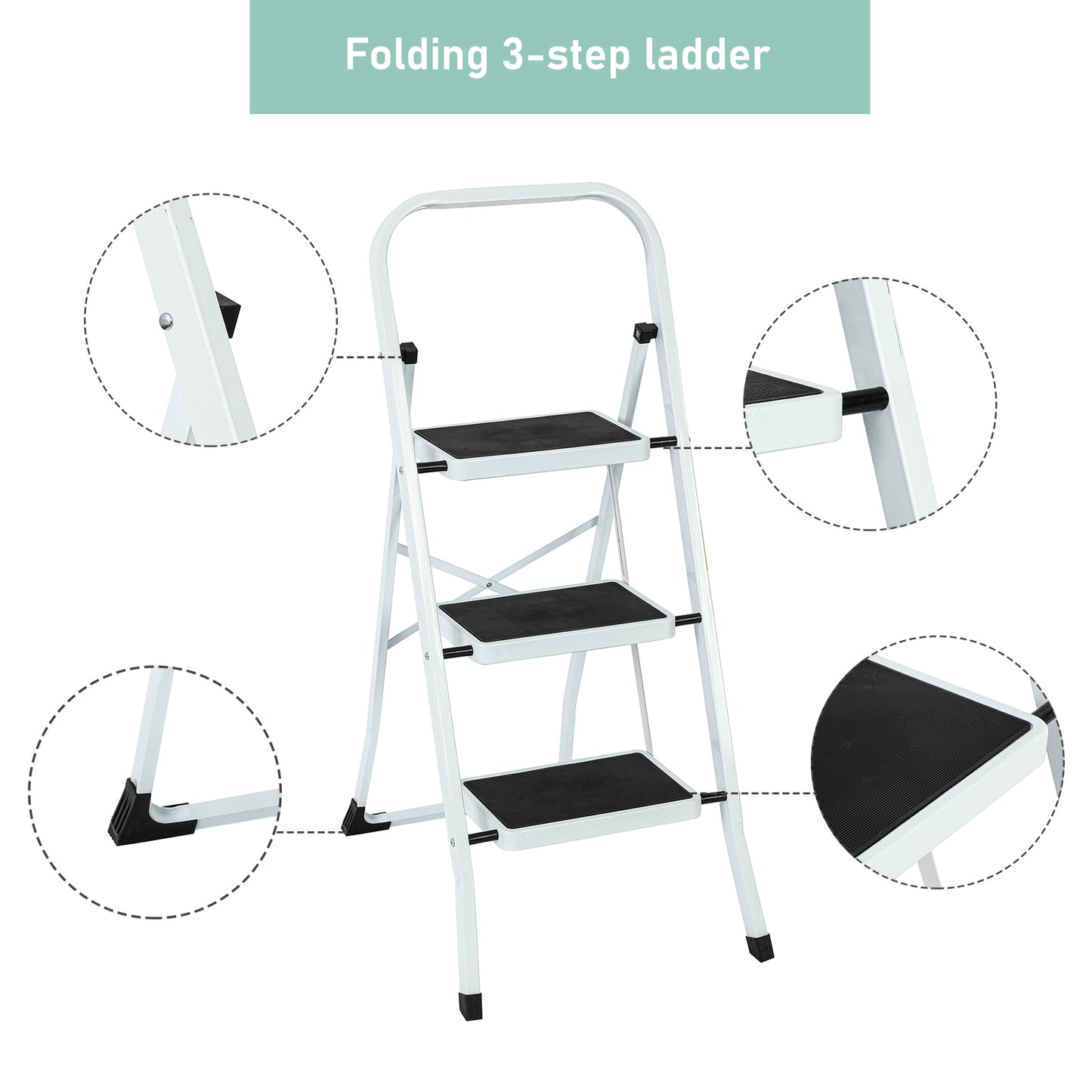 3-Step Iron Folding Step Stool Ladder 330 lbs. Load Capacity Type IA Duty Rating (5.51 ft. Reach Height), White