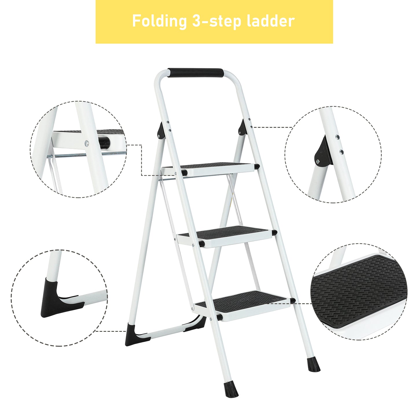 3-Step white Iron Ladder Foldable Non-slip Outdoor Ladder Loading 330 lbs. for Home, Kitchen, Office