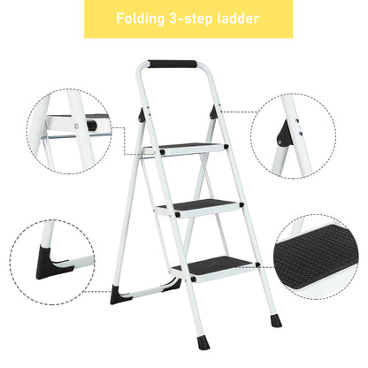 3-Step white Iron Ladder Foldable Non-slip Outdoor Ladder Loading 330 lbs. for Home, Kitchen, Office