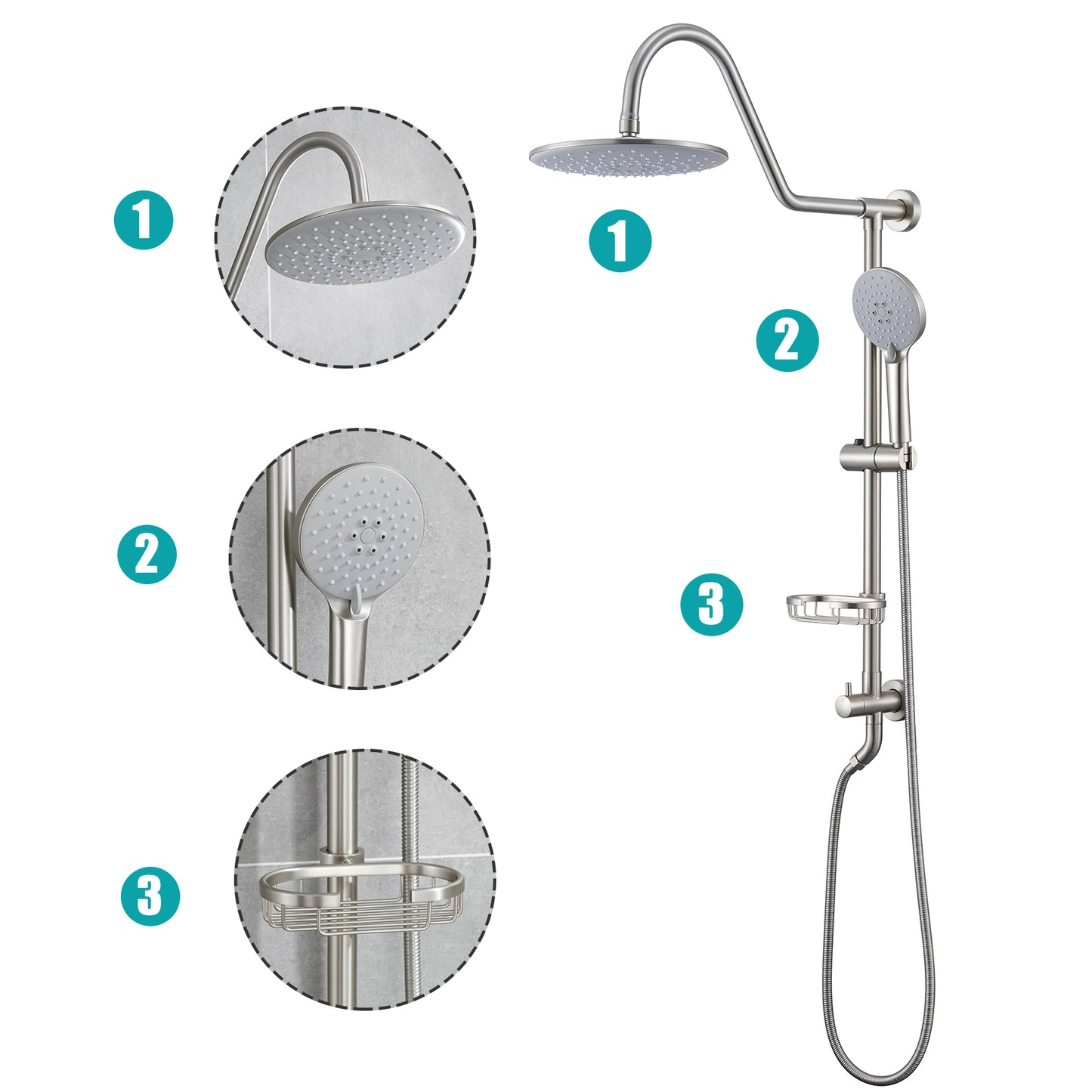 5 -Spray Patterns 8 in. 2.5 GPM Rain Wall Mount Dual Shower Heads with Handheld Shower System in Brushed Nickel