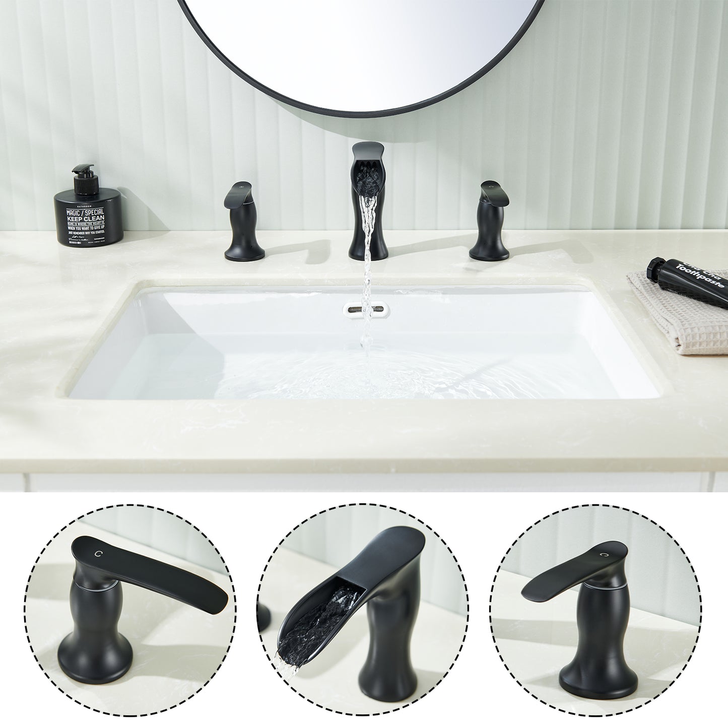 8 in. Widespread Waterfall 2-Handles 3-Holes Bathroom Faucet Lavatory Vanity Sink Faucet in Matte Black