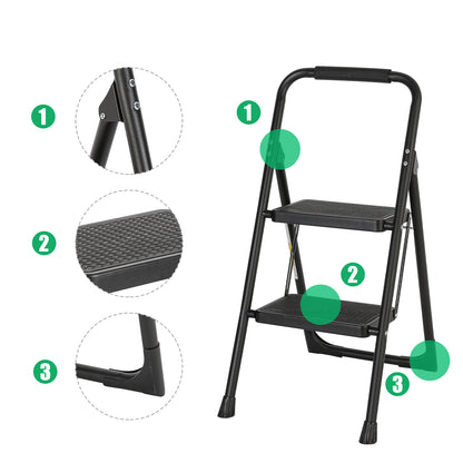2-Step Black Iron Ladder Foldable Non-slip Outdoor Ladder Loading 330 lbs. for Home, Kitchen, Office