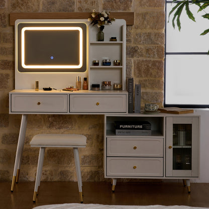White Expandable Vanity Desk with LED Lighted Mirror, Adjustable Position Side Cabinet, Power Strip & Storage Drawers