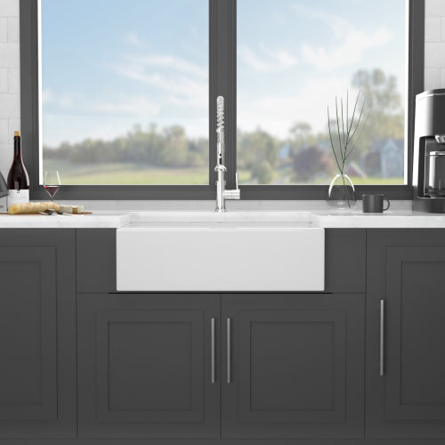 White Farmhouse Sink Workstation - 33 x 20 x 10 inch White Porcelain Ceramic Double Bowl Farm Kitchen Sink